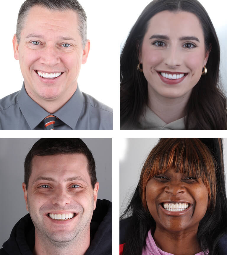 Four people with smile makeovers from great Monroeville Dentist Elijah Ed at 412 Dental